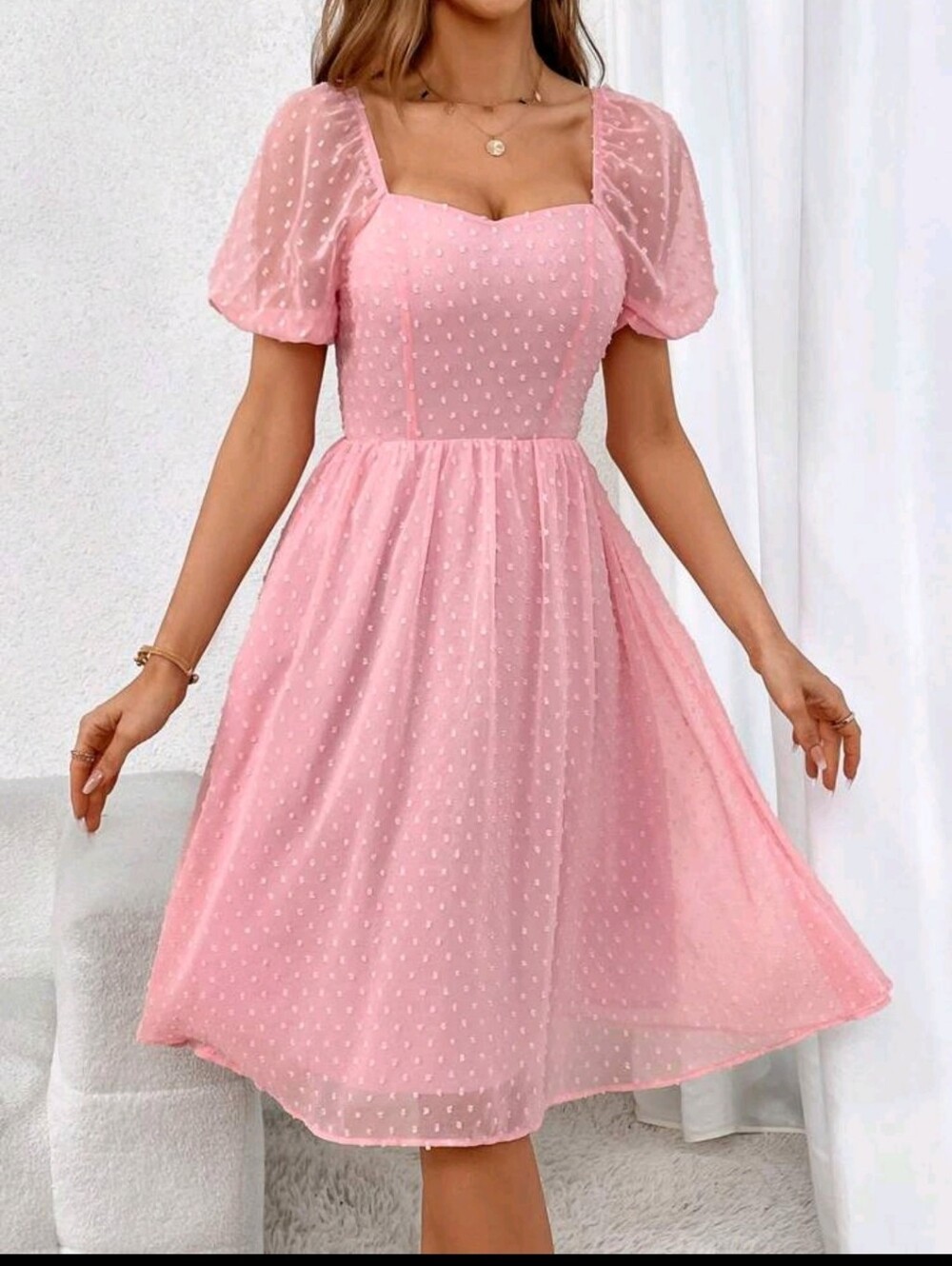 Sweetheart Neckline Pink Swiss Dot Midi Dress - Picture 1 of 7